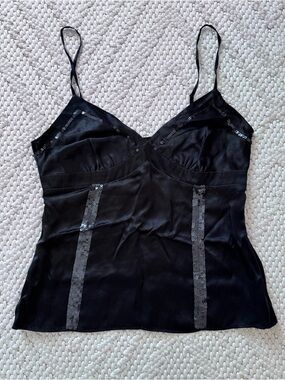 Y2K Vtg Guess 100% Silk Black Spaghetti Strap Sequin Trim Cami Top Large